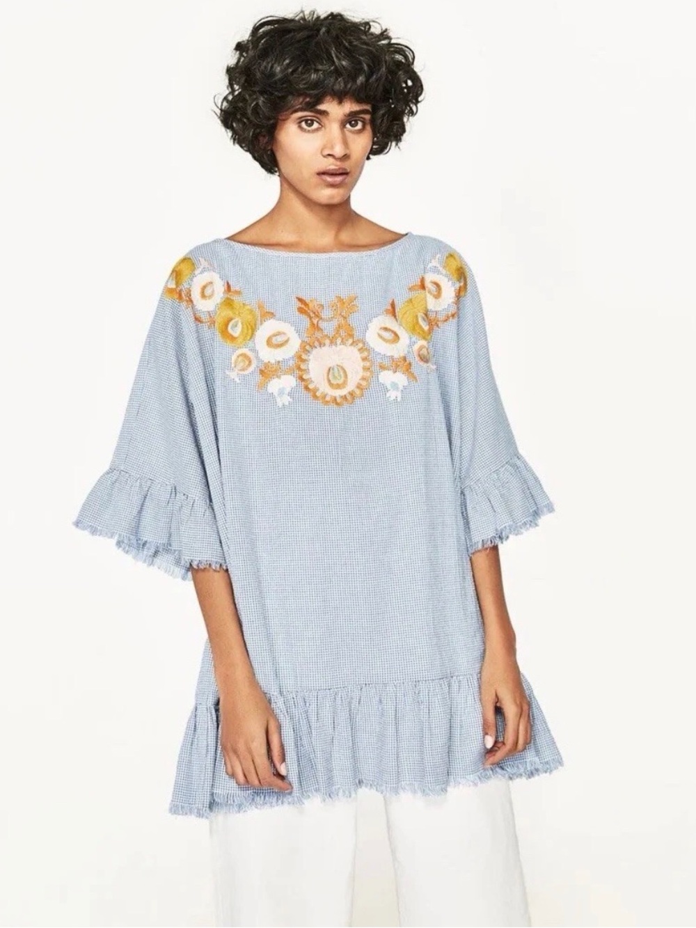 Zara cotton gingham embroidered tunic blouse